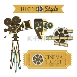视频电影图标图片_老式电影摄影机，电影票，电影。