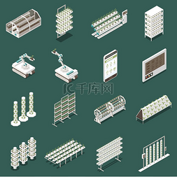 现代温室复杂等轴测图标集孤立矢
