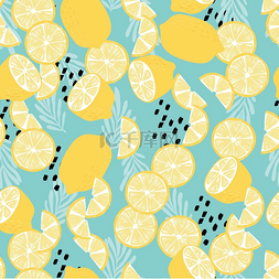 浅蓝色的水果图片_水果无缝图案，柠檬与热带叶子和