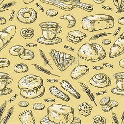 手绘烘焙面包图片_手绘烘焙图案复古面包和蛋糕涂鸦