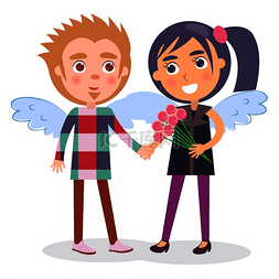 情人节贺卡图片_第一次约会的年轻情侣戴着天使的