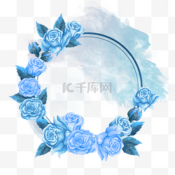 蓝框子图片_蓝玫瑰花叶子水彩晕染边框