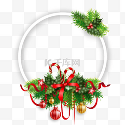 喜庆红色丝带图片_圣诞节圆形松枝丝带装饰边框