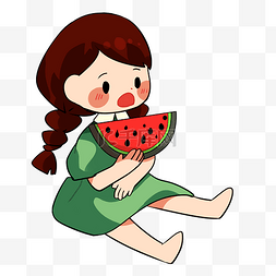 夏天吃西瓜的小女孩