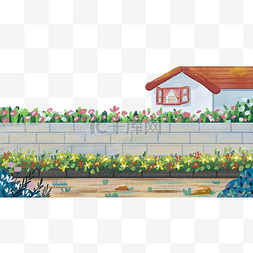 街区围墙图片_夏季植物花丛围墙房子