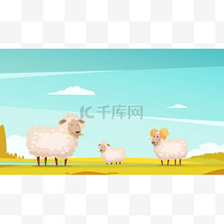 放牧打猎图片_在农田上放牧绵羊卡通海报