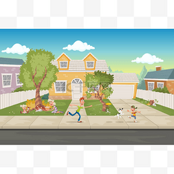 前面图片_卡通家庭在房子前面。郊区邻里