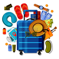 旅游娱乐矢量图图片_平面图像的手提箱组合与游客服装