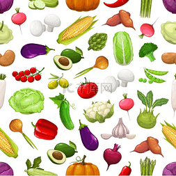 农场蔬菜和绿色植物的无缝图案矢
