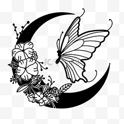黑白侧面蝴蝶月亮花卉的剪影