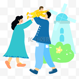 孩子风车图片_春季郊游插画风车和抱着孩子的一
