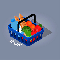 新鲜水果和蔬菜图片_杂货店篮子里的食物，里面有面包
