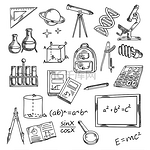 教育和知识主题的黑板素描符号，包括公式、书籍和笔记本、钢笔和尺子、计算器、显微镜和望远镜、实验室管和烧瓶、DNA 和带星星的行星、背包和灯泡、放大镜和指南针。