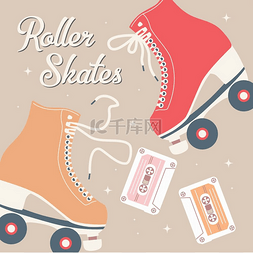 卡通溜冰鞋图标图片_手绘插图与复古溜冰鞋和盒式磁带
