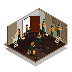厨房墙壁图片_家庭装修修复等距构图与专业工人