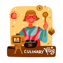 博客插图图片_视频博主背景与烹饪符号平面矢量