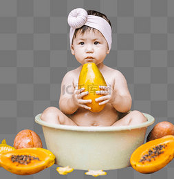 儿洗澡盆图片_小女孩拿着木瓜