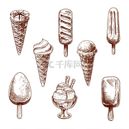 甜点草图包括冰淇淋甜筒、巧克力