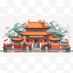 房屋绘画png图片_彩色扁平徽派宫殿风景建筑