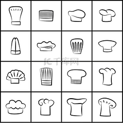 各种形状的厨师帽薄轮廓套装。