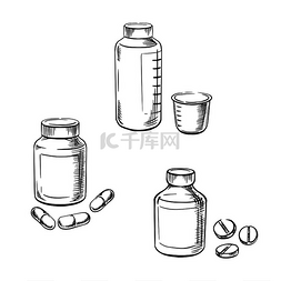 带有药丸、胶囊和带量杯的止咳糖