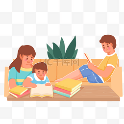 父亲和小孩看书图片_家庭亲子一家三口看书温馨