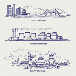 矢量阶梯图片_圆珠笔描绘城市乡村和工业阶梯圆
