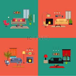 红色地毯矢量素材图片_房屋收藏、壁炉和带垫子的沙发、