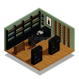 葡萄酒酒庄图片_葡萄酒商店内部等距组成与柜台收