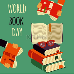 图书馆读书日图片_世界读书日，手戴眼镜的一叠书，