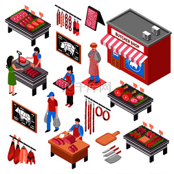 屠夫商店等距设置与卖家和顾客肉