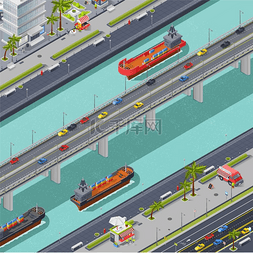 大湾区设计图片_城市等距构图中的桥梁。