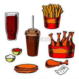 饮料订单图片_快餐小吃和饮料套装，包括外卖薯