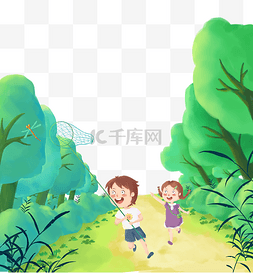 画林中小屋图片_立夏林中游玩捉蜻蜓