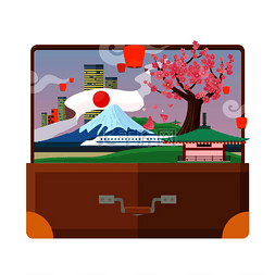 樱花火车图片_带着手提箱去日本旅行的概念。
