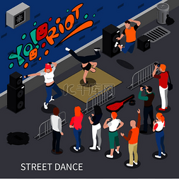 表演者背景图片_涂鸦背景等距构图上的街头舞蹈表