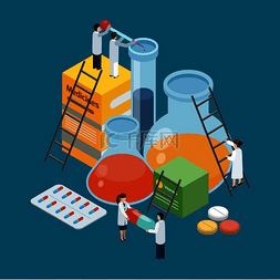 插图医学背景图片_制药生产的象征性等距背景海报实