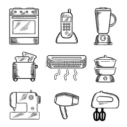 茶杯面包机图片_家用电器速写图标设置在烤箱、电