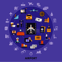旅行机场图图片_多彩的平面概念与各种机场图标飞