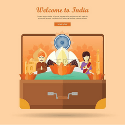 印度旅游矢量图片_印度旅游横幅手提箱里的印度地标