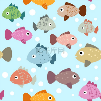 鱼形无缝图案孩子们以水上动物为背景水下动物五颜六色的热带水生生物海洋珊瑚礁海洋性质海水水族馆卡通矢量重复印刷设计鱼形无缝图案儿童背景与水阿尼