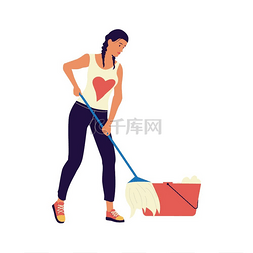 清洁地板图片_女人用拖把清洁地板。