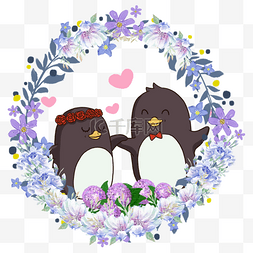 头戴花圈的企鹅可爱动物情侣花卉