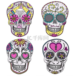 多彩涂鸦背景图片_墨西哥头骨集。多彩头骨用花的心