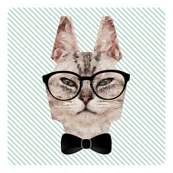 t恤图案条纹图片_戴着眼镜，领结时髦猫的多边形时