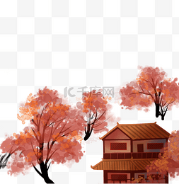 中国风小树房子水墨