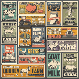 鸡猪牛图片_农业复古海报与矢量农场动物、拖