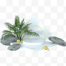立体三维空间图片_白色展台和3d植物岩石的渲染