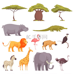 动物的矢量图图片_野生动物园野生动物鸟类树木平面