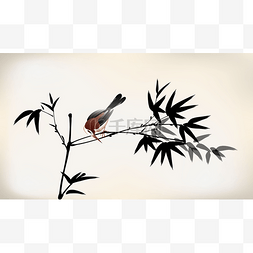 油墨画竹和鸟